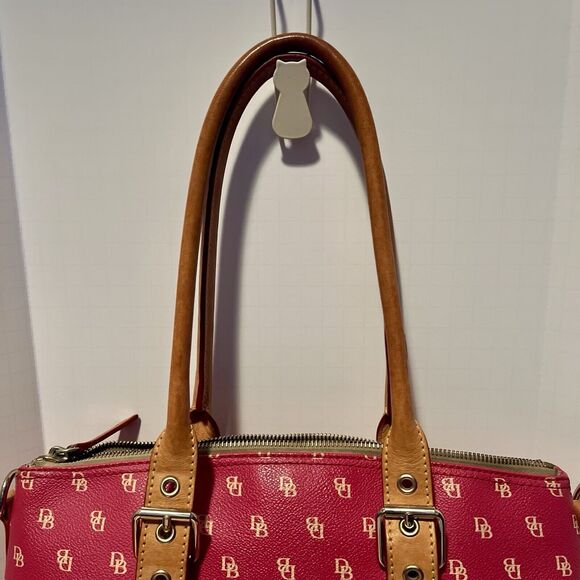 Dooney & Bourke Pebble Leather Satchel Berry Pink DB Logo Coquette Bag Tan Trim - Picture 13 of 13
